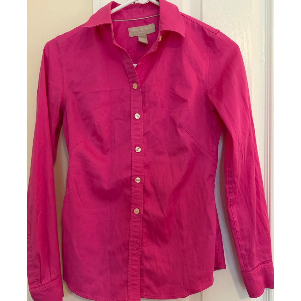 Banana Republic Non-Iron Pink Button Down Shirt Women 00 Petite Stretch Blouse